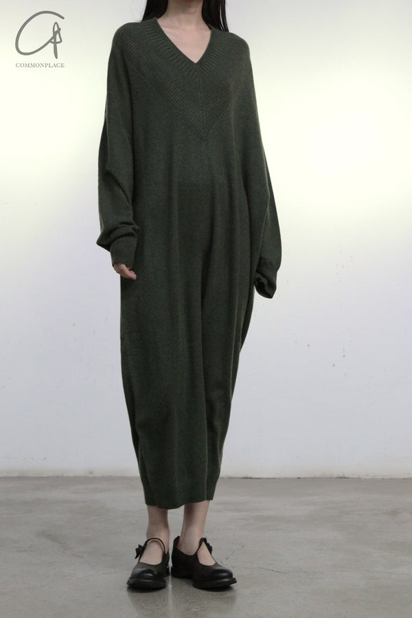 SWAYING/KNIT V-neck wide dress SW23AW2L21 dark green PS65